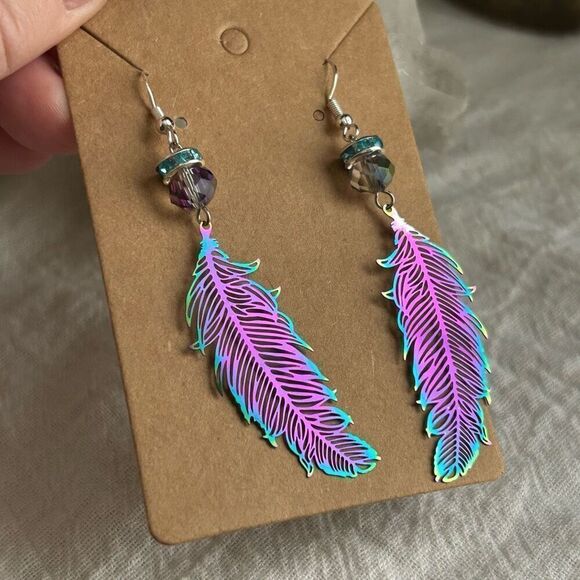 Iridescent Rainbow Feather Dangle Rhinestone Earrings .925 Sterling Silver - Picture 5 of 6